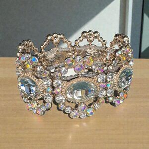 Vintage Gold-Tone Statement Bracelet With Oval Cut Crystal & Iridescent Rhinesto